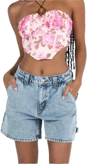 Women Summer High Waisted Carpenter Denim Shorts with Pockets Trendy Shorts