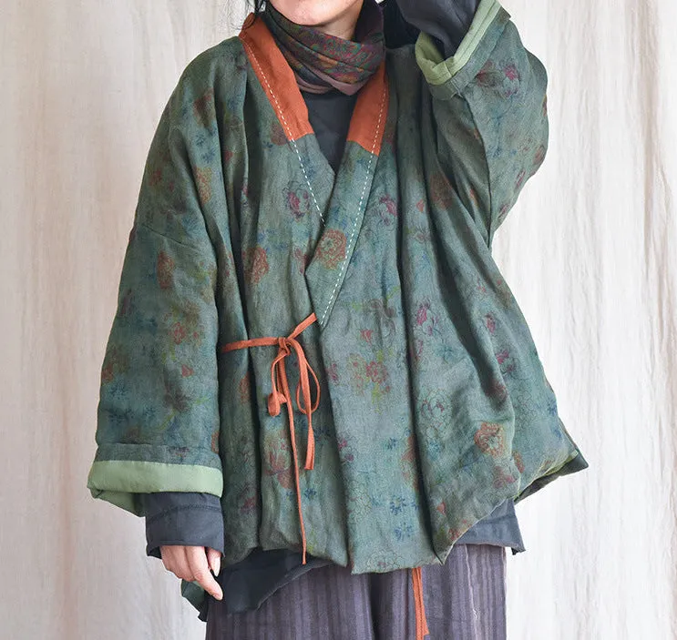 Women Vintage Floral Printed Warm Padded Linen Coats