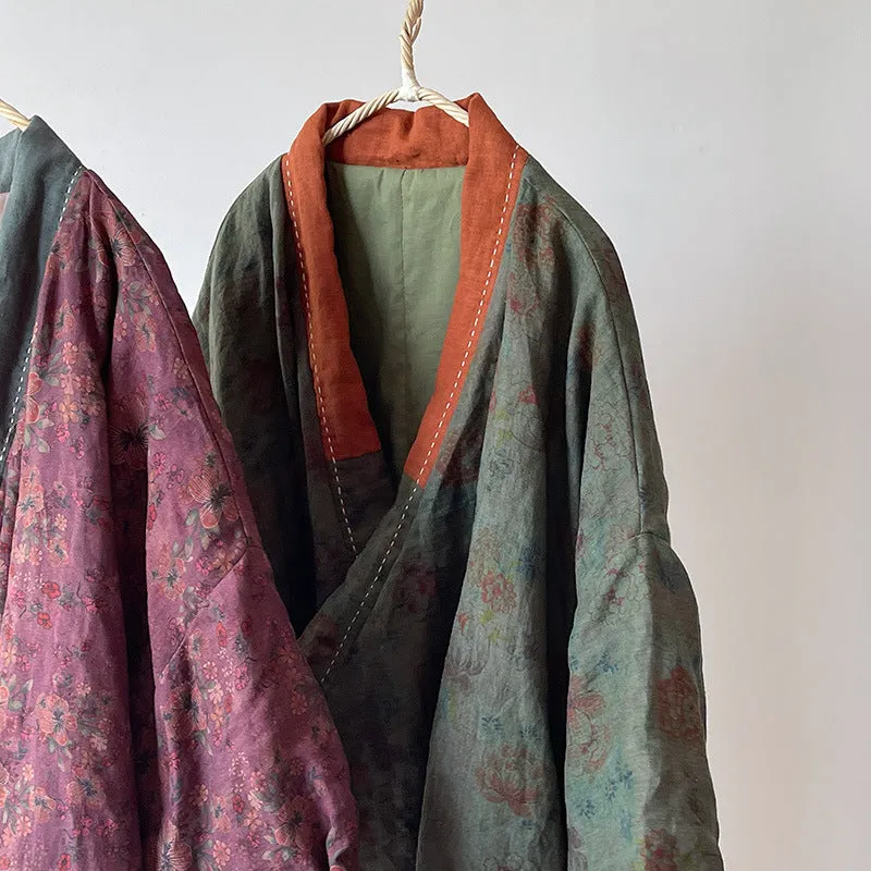 Women Vintage Floral Printed Warm Padded Linen Coats