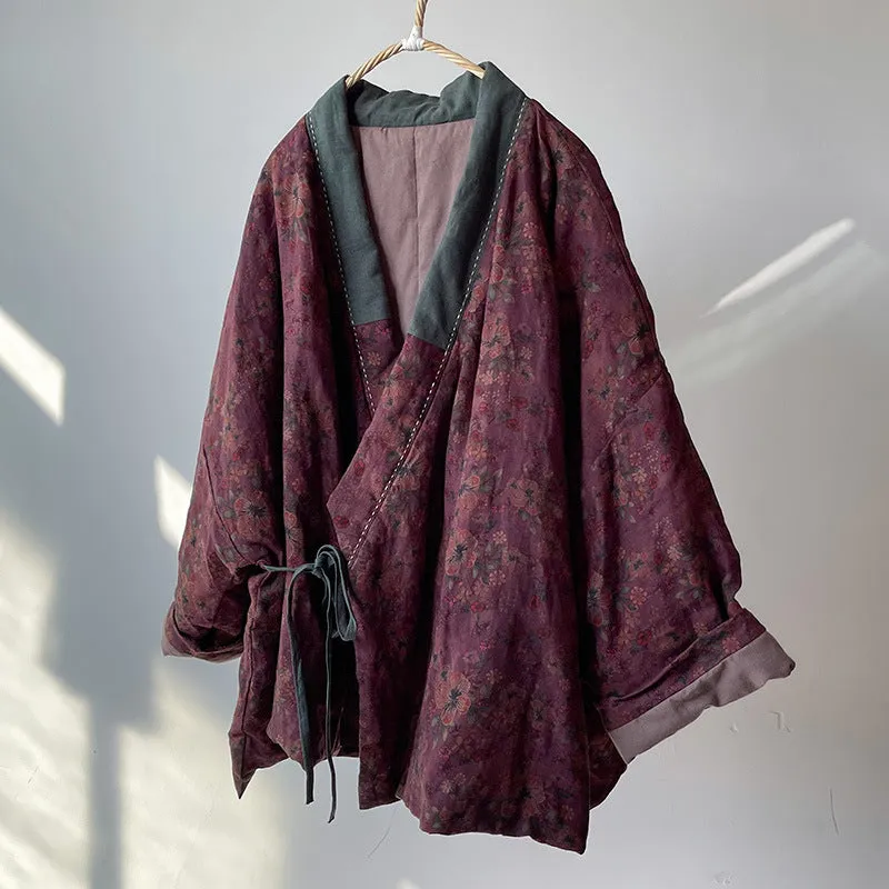Women Vintage Floral Printed Warm Padded Linen Coats