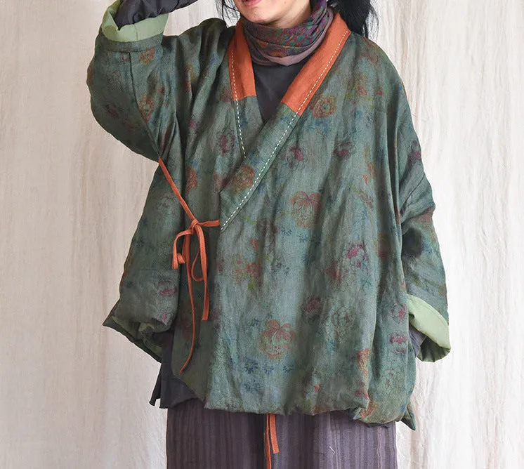 Women Vintage Floral Printed Warm Padded Linen Coats