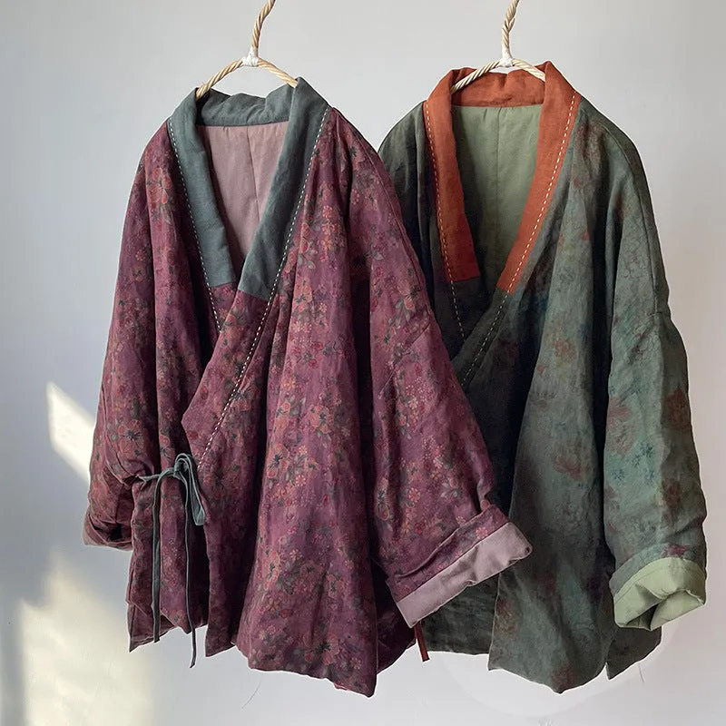 Women Vintage Floral Printed Warm Padded Linen Coats