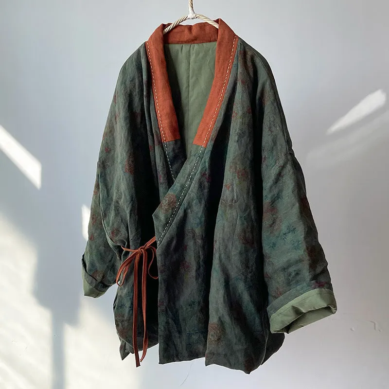 Women Vintage Floral Printed Warm Padded Linen Coats