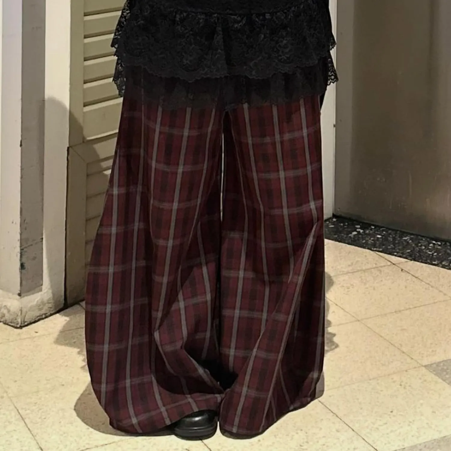 Women Vintage Plaid Wide Leg Pants High Waist Baggy Trousers Casual Barrel Trousers with Pockets