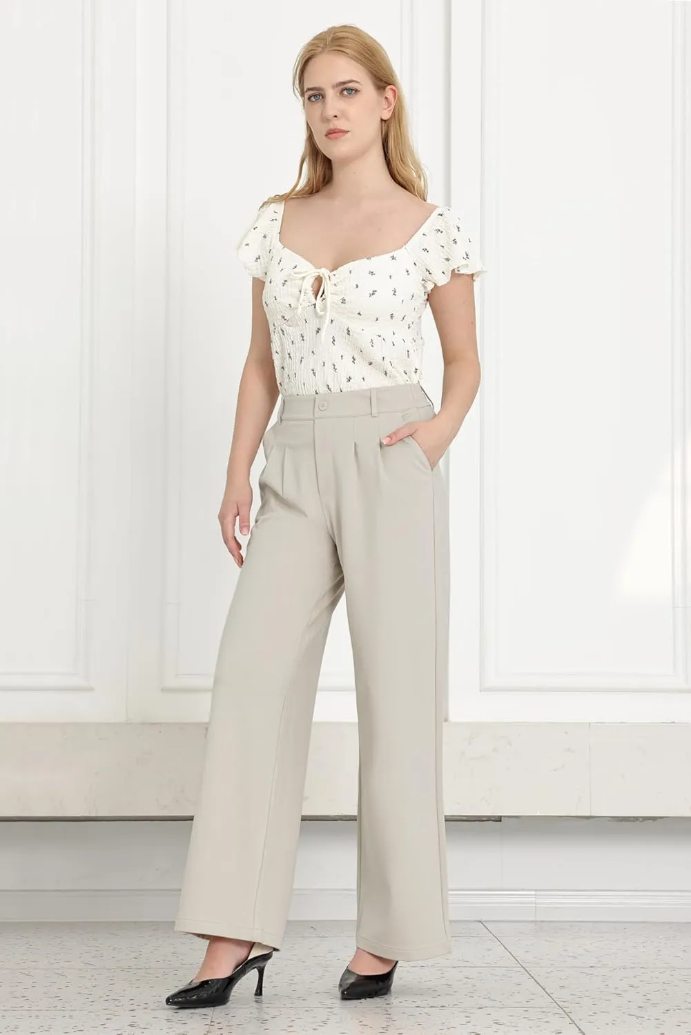 Women Wide Leg Dress Pants High Elastic Waisted Work Business Office Pants Casual Slacks Trousers with Pockets 29"