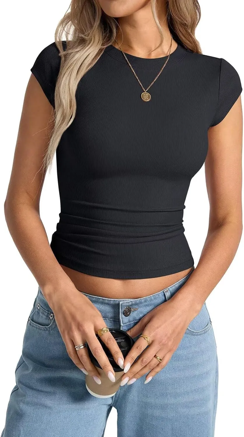 Womens Cap Sleeve Tops Summer Crew Neck Short Sleeve Shirts Slim Fit Basic Ribbed Tops Y2K 2025 Going Out Crop