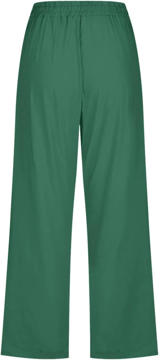 Women's Comfortable Straight Leg Pants 2025 High Waisted Elastic Waist Trousers Casual Pocket Long Pants