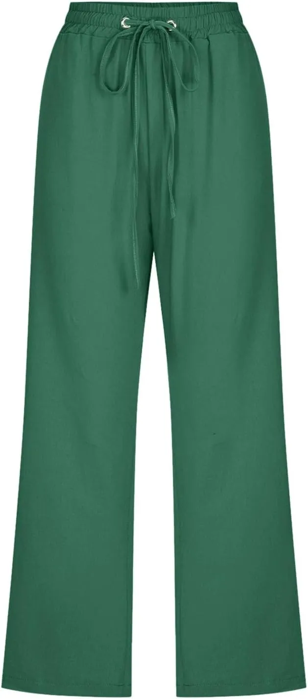 Women's Comfortable Straight Leg Pants 2025 High Waisted Elastic Waist Trousers Casual Pocket Long Pants
