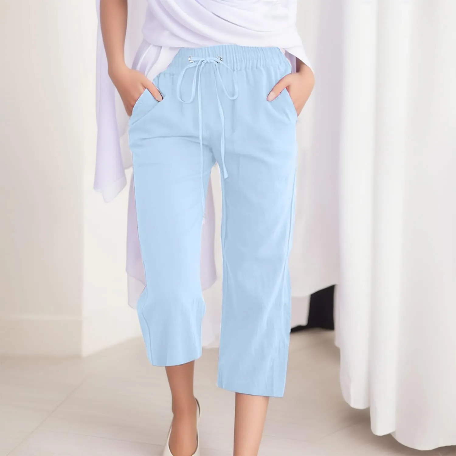 Women's Comfortable Straight Leg Pants 2025 High Waisted Elastic Waist Trousers Casual Pocket Long Pants