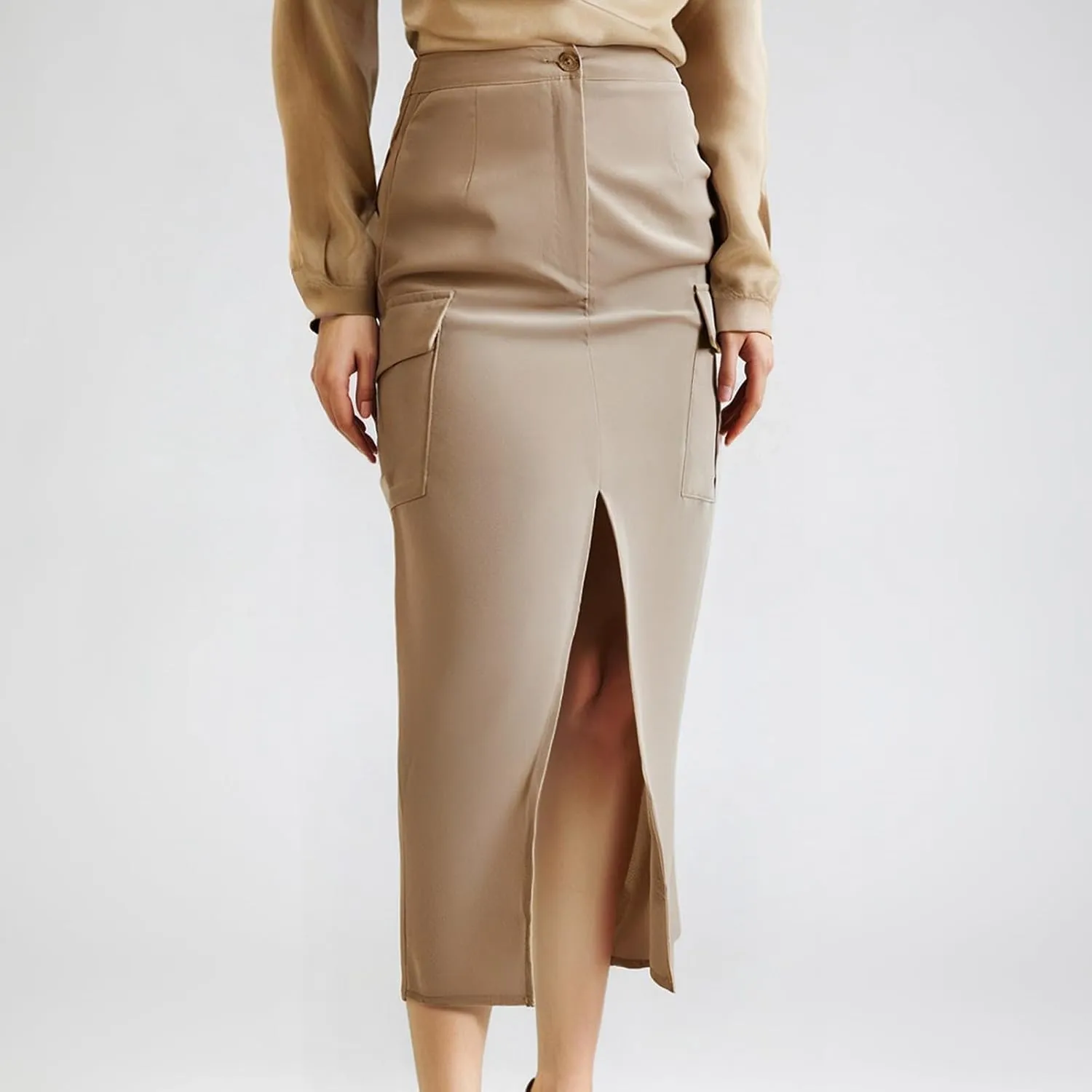 Womens Comfortable Woven Stretch Fabric Skirts Mid High Waist A line Midi Skirt Long Split Hem Skirts for Ladies