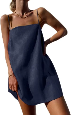Womens Cotton Linen Dress Spaghetti Strap Relaxed Everyday Comfortable Dressy Summer Lightweight Loose Outfits 2025