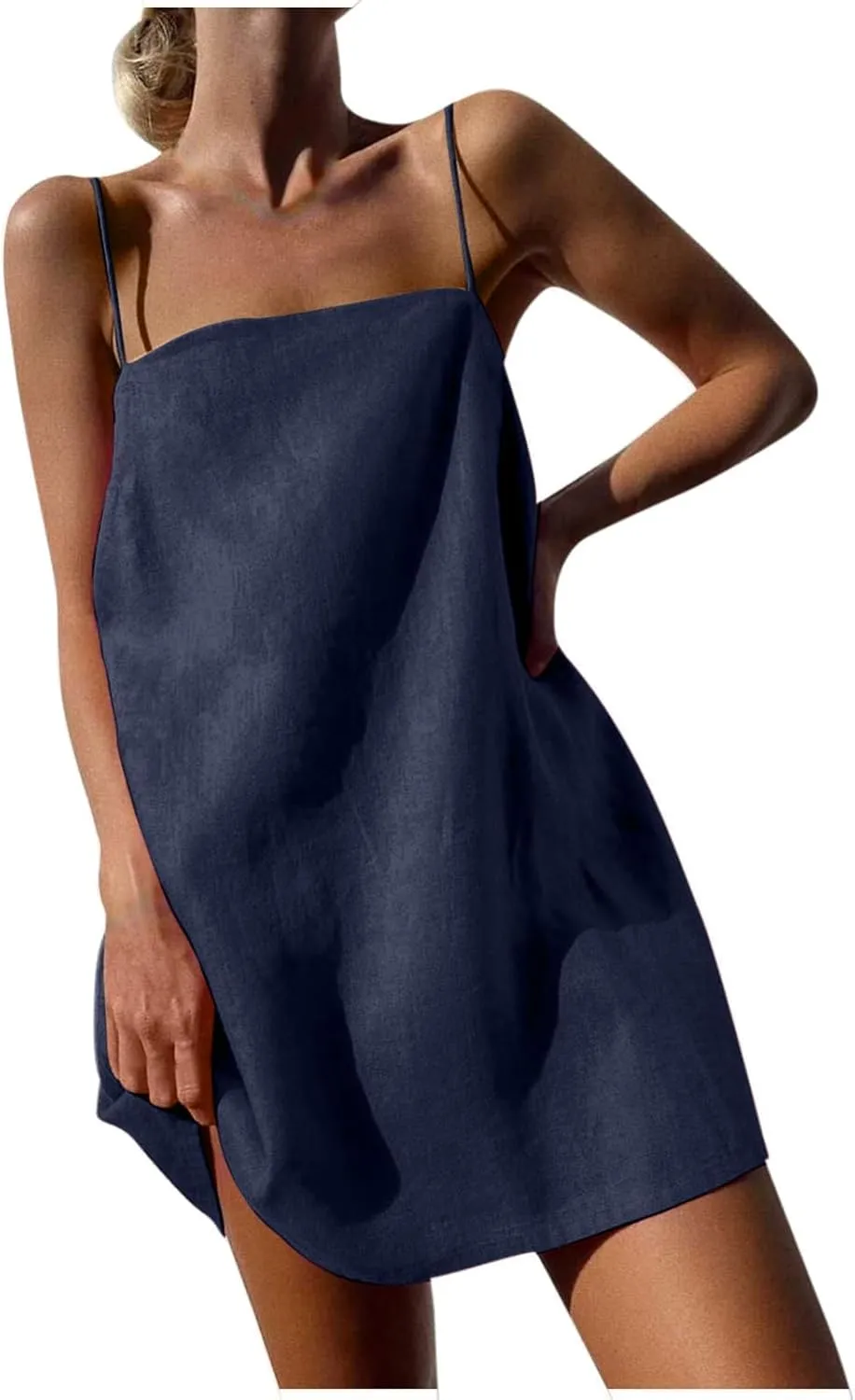 Womens Cotton Linen Dress Spaghetti Strap Relaxed Everyday Comfortable Dressy Summer Lightweight Loose Outfits 2025