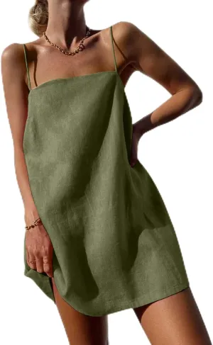 Womens Cotton Linen Dress Spaghetti Strap Relaxed Everyday Comfortable Dressy Summer Lightweight Loose Outfits 2025