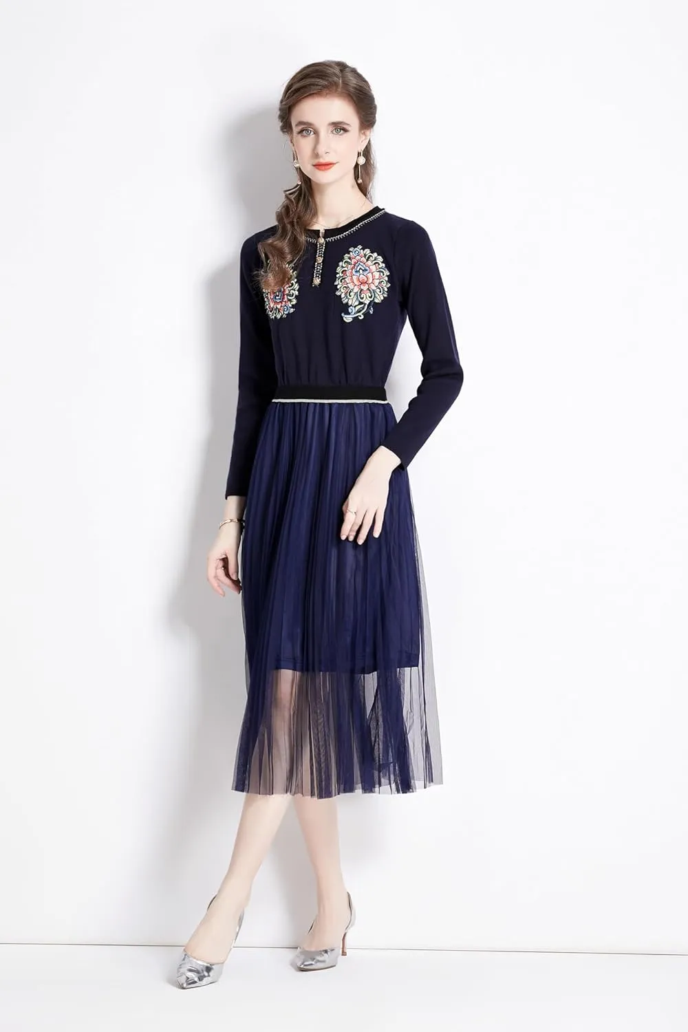 Women's Crewneck Embroidered Sweater Knit Tops Mesh Pleated Skirt Long Sleeve Midi Dress