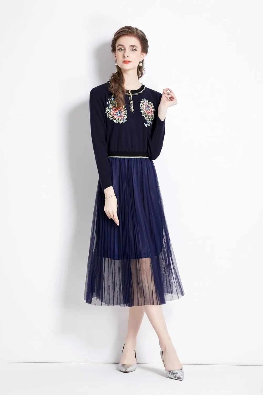 Women's Crewneck Embroidered Sweater Knit Tops Mesh Pleated Skirt Long Sleeve Midi Dress