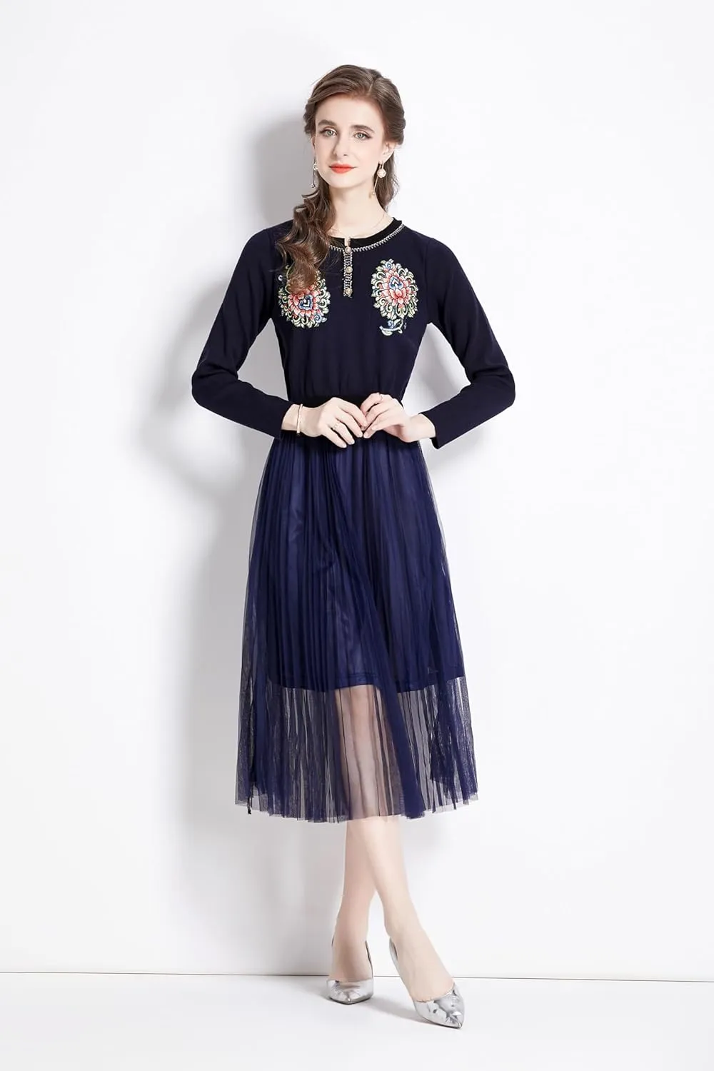Women's Crewneck Embroidered Sweater Knit Tops Mesh Pleated Skirt Long Sleeve Midi Dress