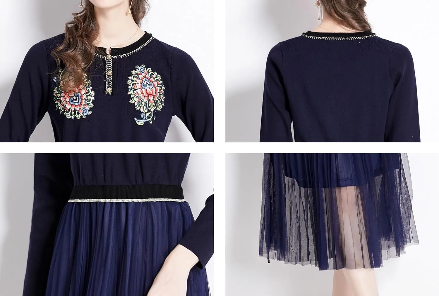 Women's Crewneck Embroidered Sweater Knit Tops Mesh Pleated Skirt Long Sleeve Midi Dress