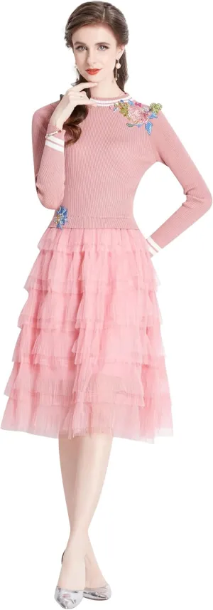 Women's Crewneck Embroidered Sweater Knit Tops Mesh Pleated Skirt Long Sleeve Midi Dress