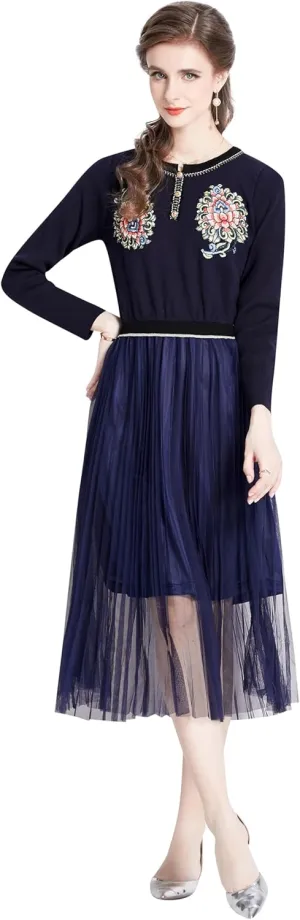 Women's Crewneck Embroidered Sweater Knit Tops Mesh Pleated Skirt Long Sleeve Midi Dress