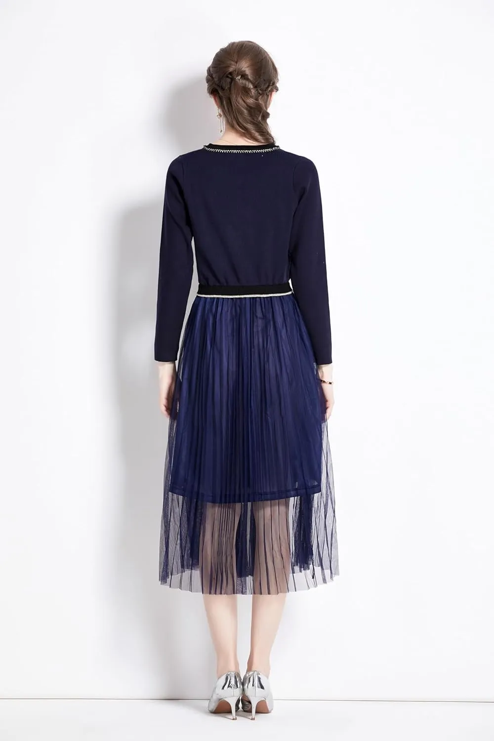 Women's Crewneck Embroidered Sweater Knit Tops Mesh Pleated Skirt Long Sleeve Midi Dress