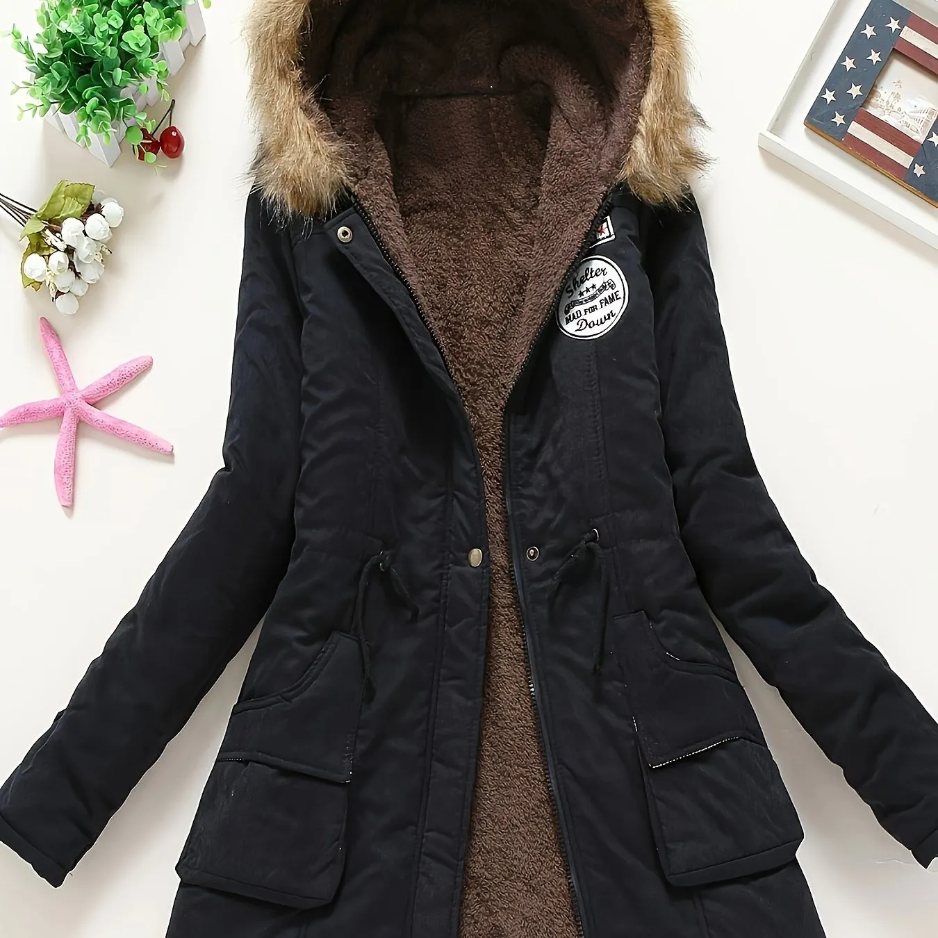 Women's Long Sleeve Casual Coat - Hooded, Thick, Warm, Machine Washable