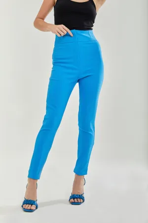 Women's Plain Blue Skinny Ankle Length Trousers with Zip Closure - Liquorish