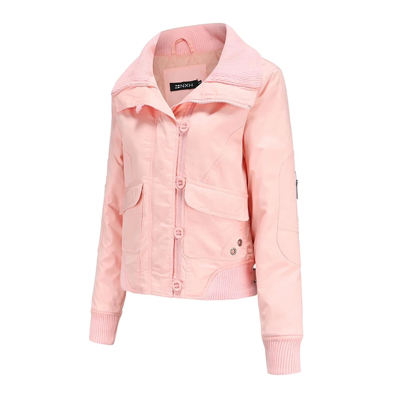 Womens plus Size Loose Fashion Short Winter Warm Jacket High Collar Long Sleeve Hoodless Pocket Lapel Thread Cotton Coat Fashion Laides Coats Female Outerwear Pink S