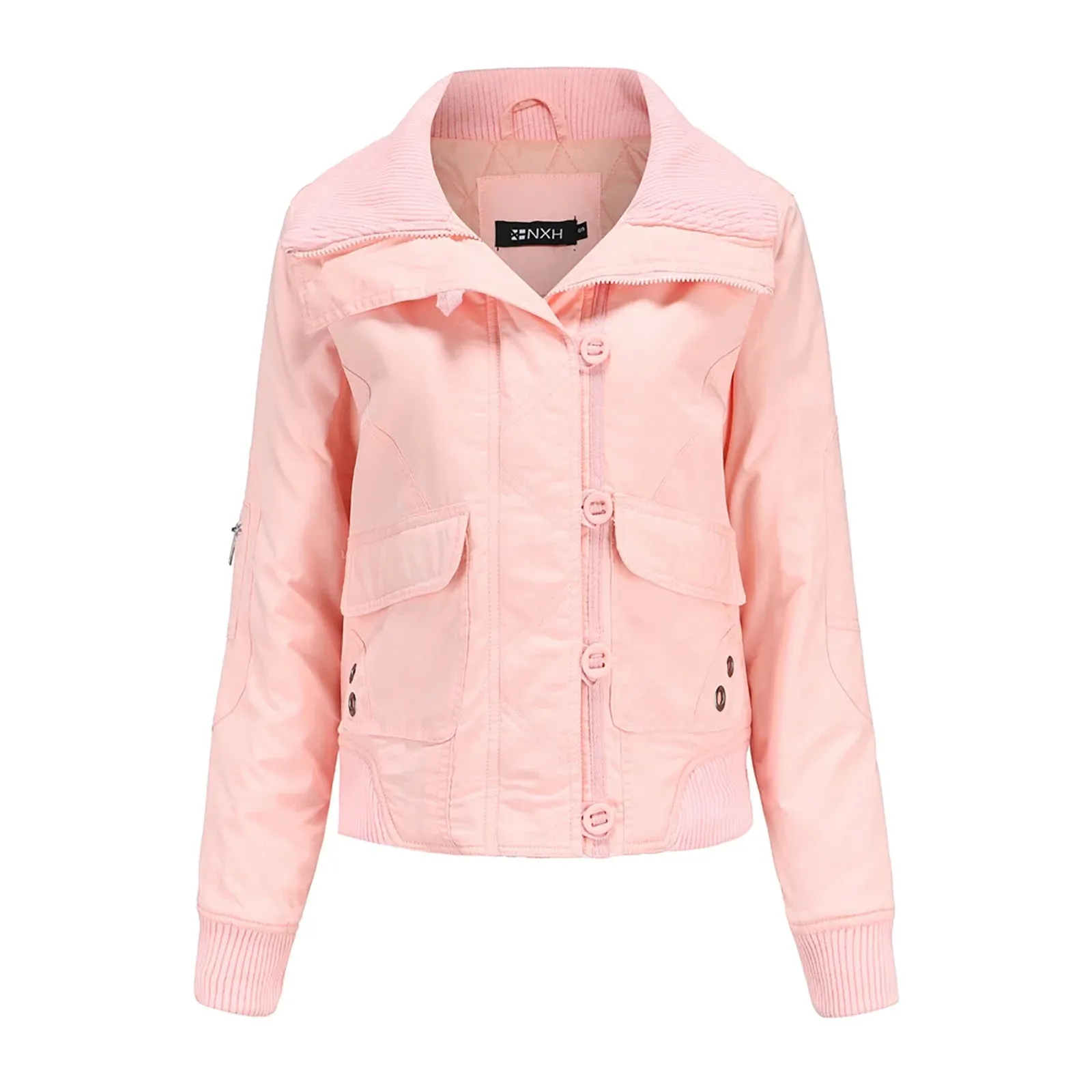 Womens plus Size Loose Fashion Short Winter Warm Jacket High Collar Long Sleeve Hoodless Pocket Lapel Thread Cotton Coat Fashion Laides Coats Female Outerwear Pink S