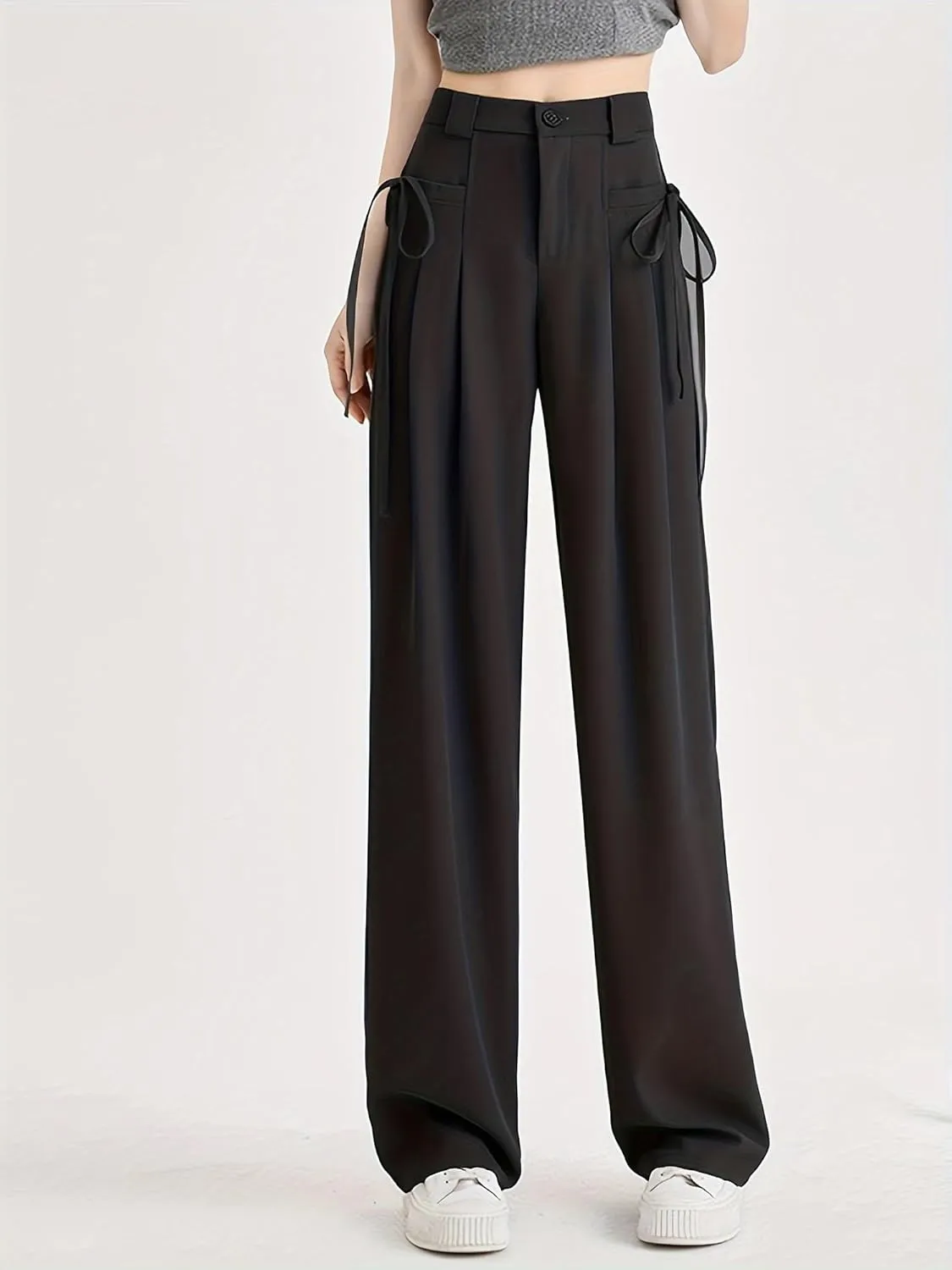 Women's Ruched Suit Pants Wide Leg Trousers Black Personality Lace Up with Pocket Elastic High Waist Baggy Pants