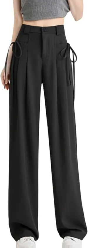 Women's Ruched Suit Pants Wide Leg Trousers Black Personality Lace Up with Pocket Elastic High Waist Baggy Pants
