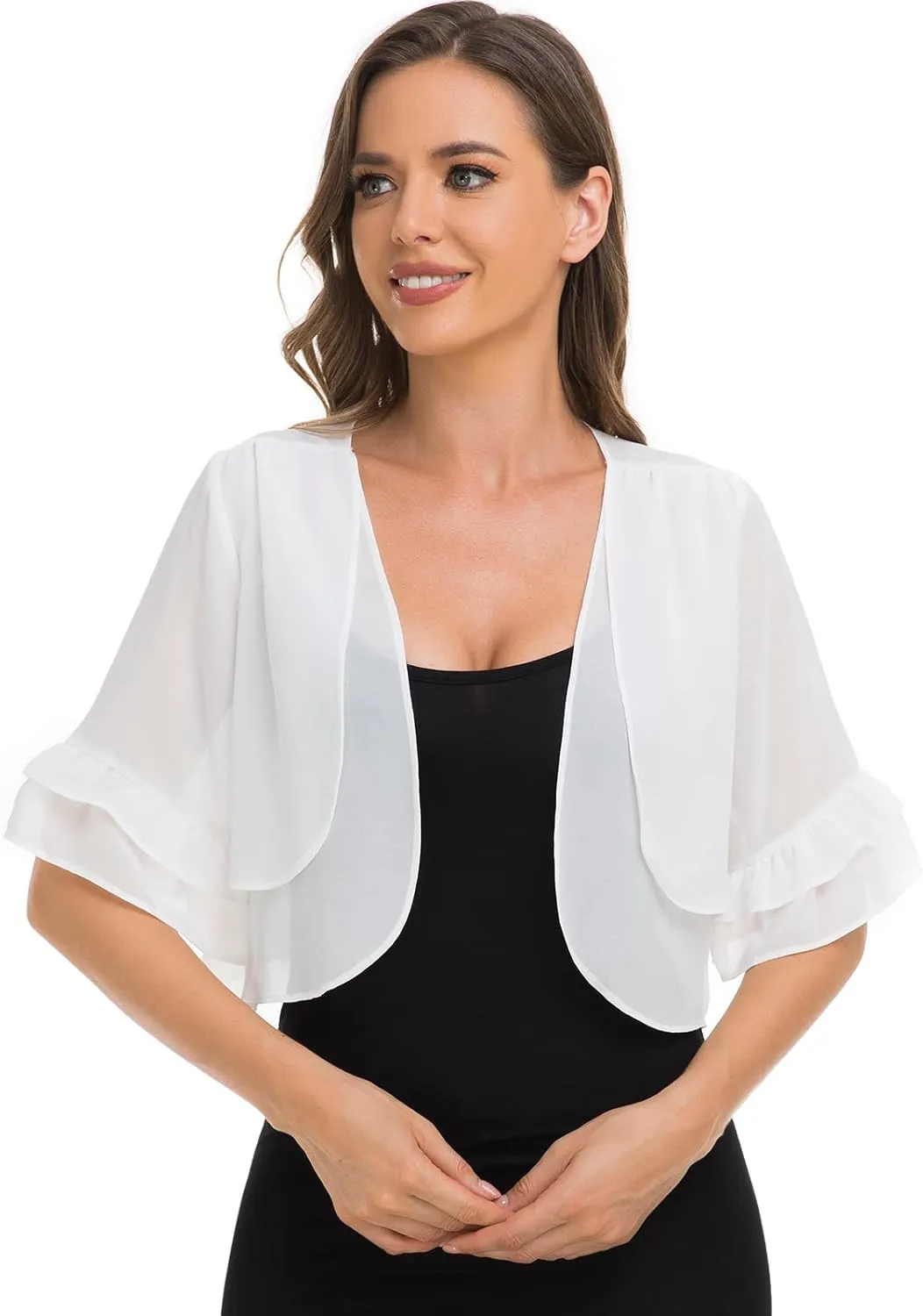 Womens Soft Chiffon Shrug Elegant Cardigans Open Front Half Sleeve Bolero Cardigan for Evening Dress