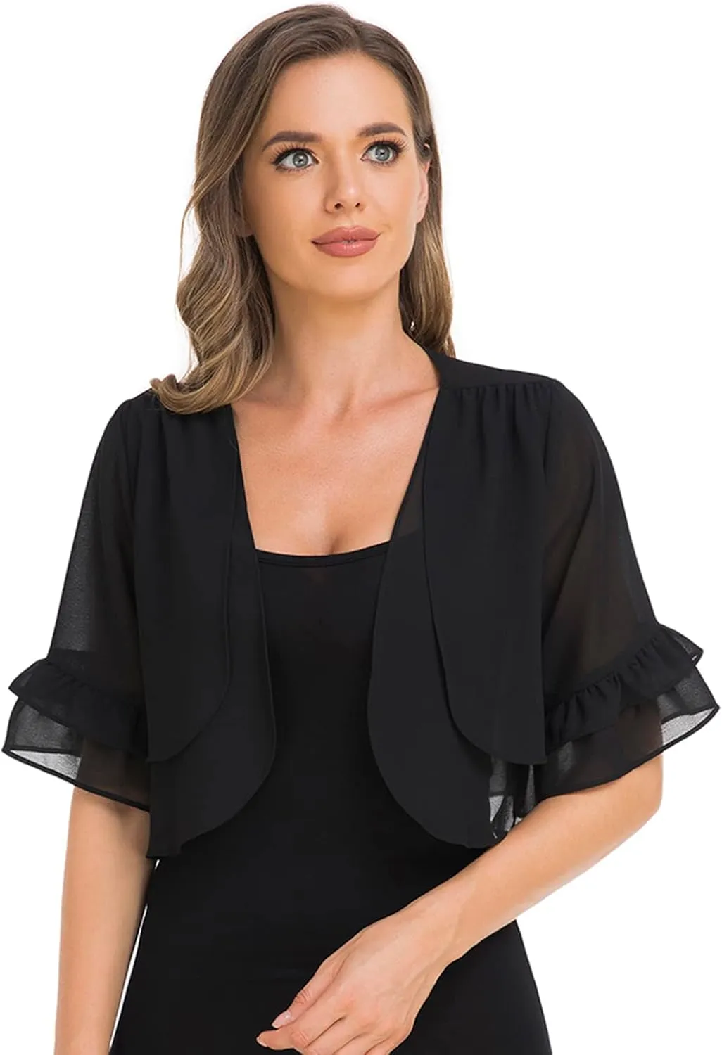 Womens Soft Chiffon Shrug Elegant Cardigans Open Front Half Sleeve Bolero Cardigan for Evening Dress