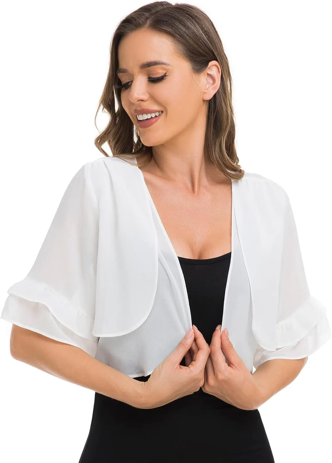 Womens Soft Chiffon Shrug Elegant Cardigans Open Front Half Sleeve Bolero Cardigan for Evening Dress