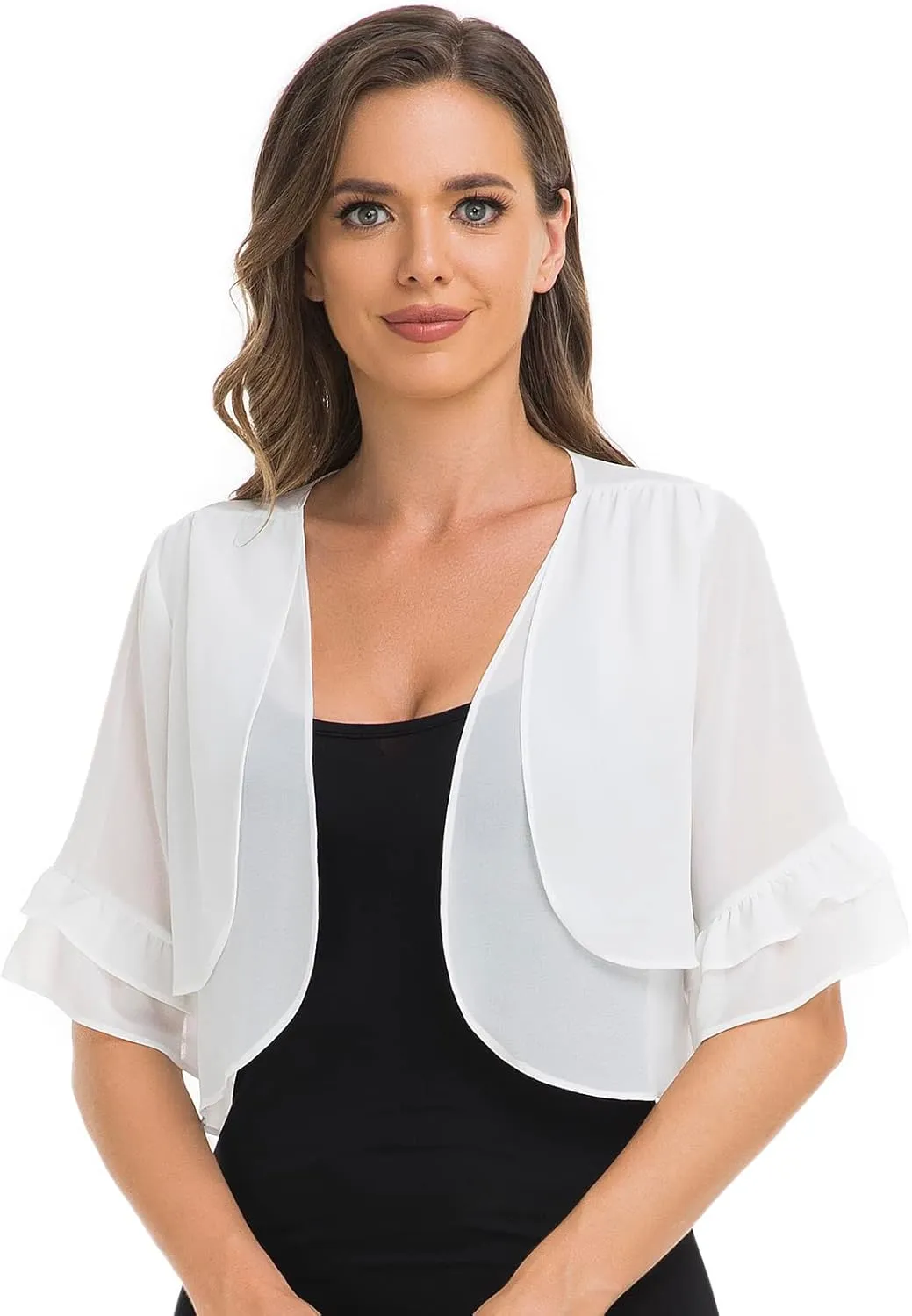 Womens Soft Chiffon Shrug Elegant Cardigans Open Front Half Sleeve Bolero Cardigan for Evening Dress
