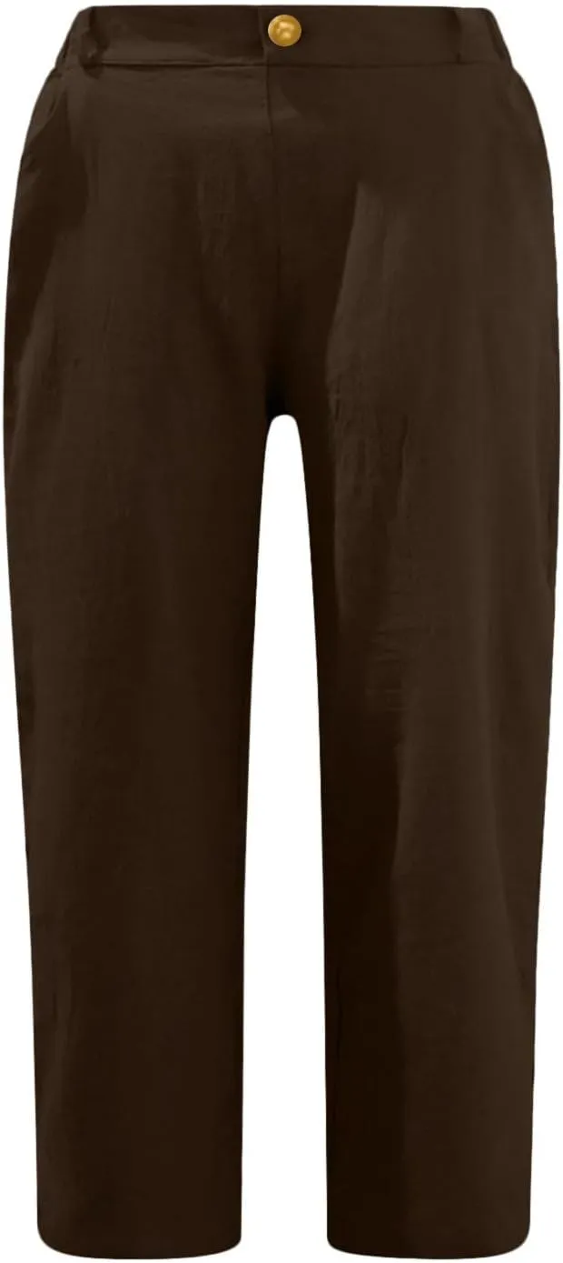 Women's Summer Flowy Linen Palazzo Wide Leg Pants Plus Size High Waist Pant High Slit Trousers with Pockets