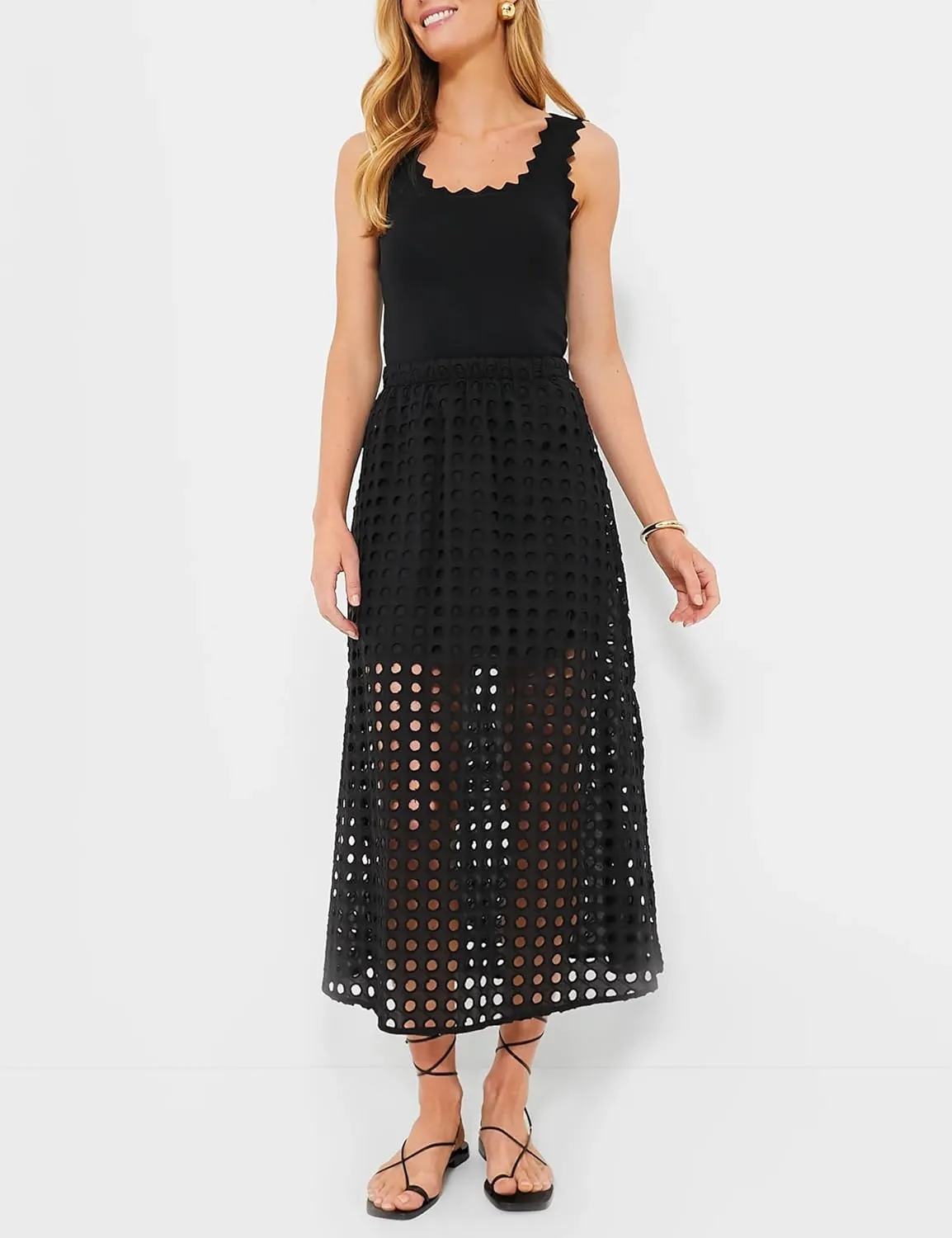 Women's Summer Hollow Out Eyelet Beach Maxi Skirt Fashion Casual Solid Lightweight Comfortable with Underneath