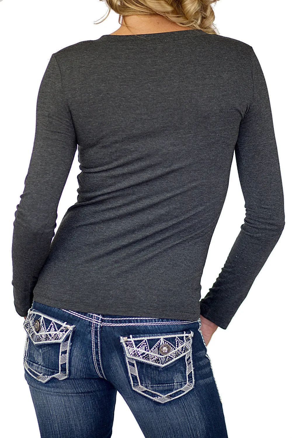 Wonderful Long Sleeve V Neck Tee Charcoal