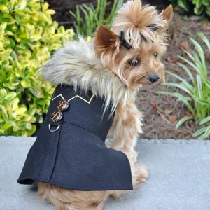 WOOL FUR TRIMMED DOG HARNESS & COAT & LEASH SET - CHEVRON