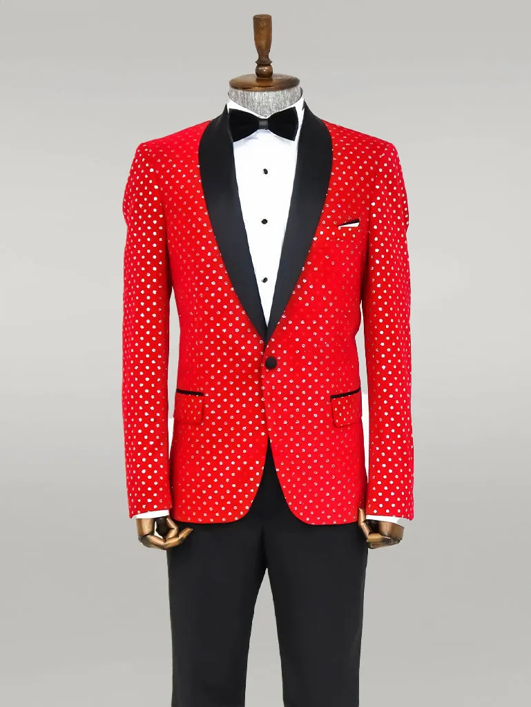 WSS Dot Patterned Slim Fit Red Men Prom Blazer  - Singen