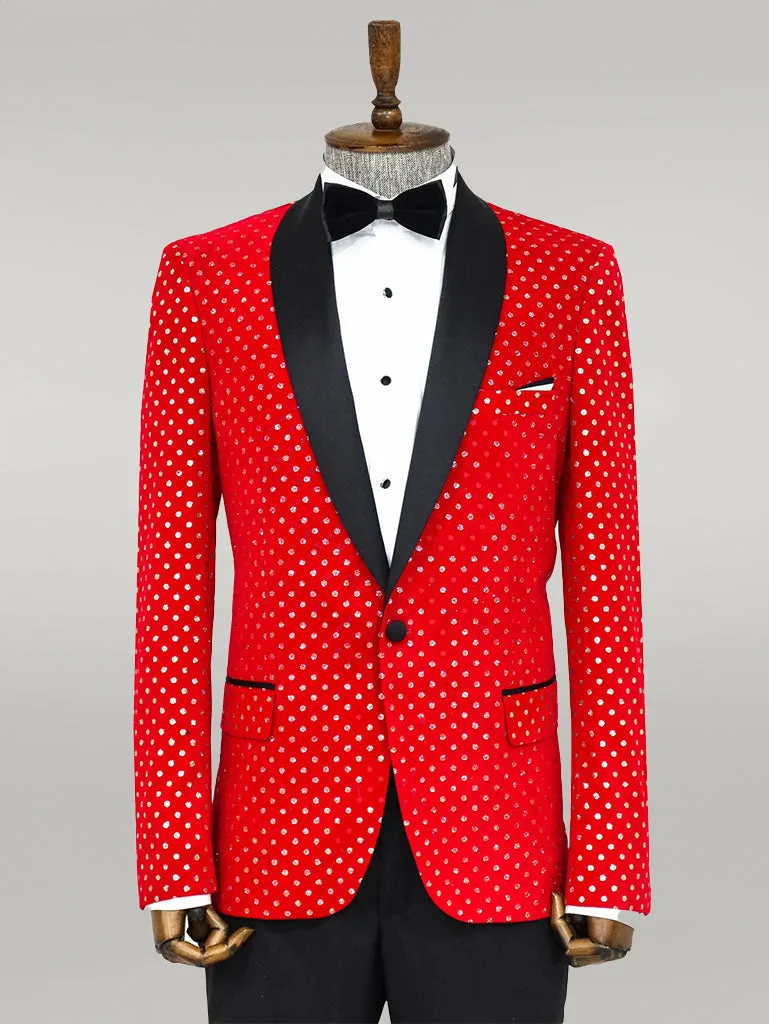 WSS Dot Patterned Slim Fit Red Men Prom Blazer  - Singen