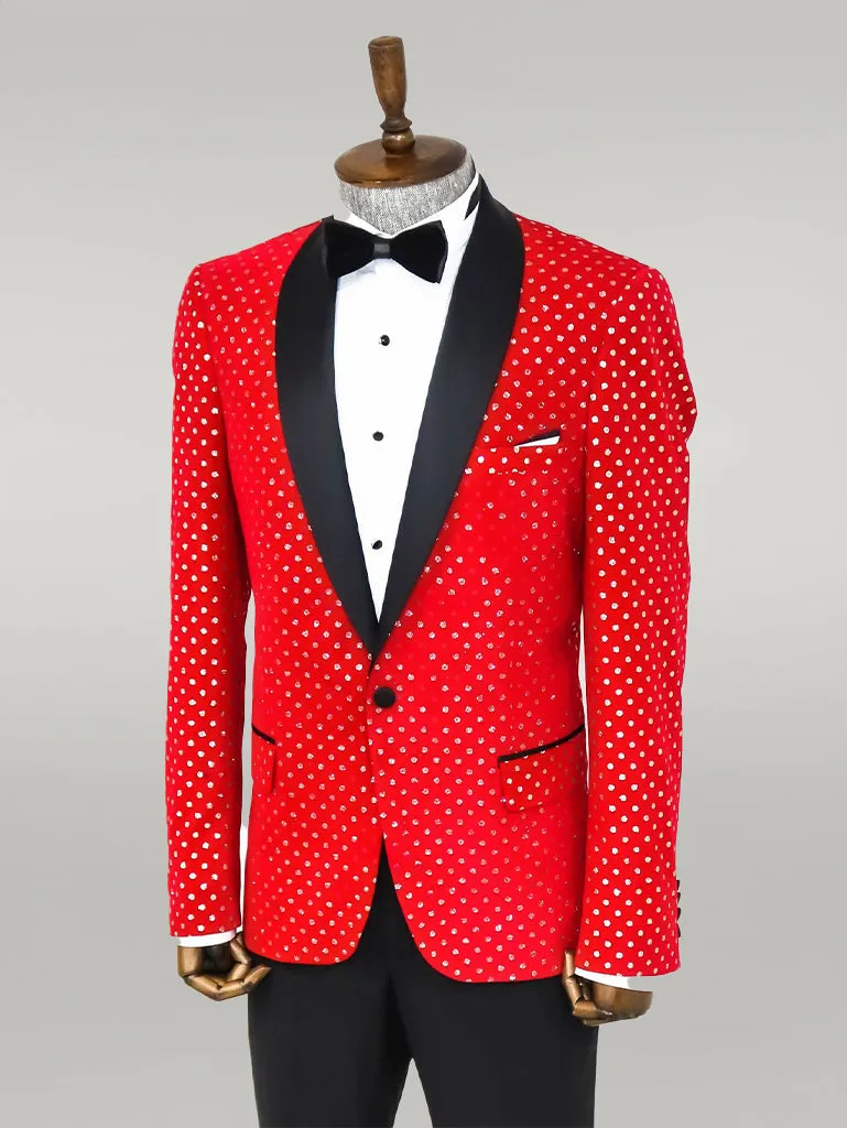 WSS Dot Patterned Slim Fit Red Men Prom Blazer  - Singen