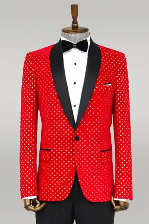 WSS Dot Patterned Slim Fit Red Men Prom Blazer  - Singen