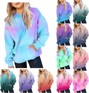 ZDRZK Hoodie for Girls Y2K Oversized Long Sleeve Tie-Dye Gradient Cute Sweatshirts Casual Pullover Tops with Pockets