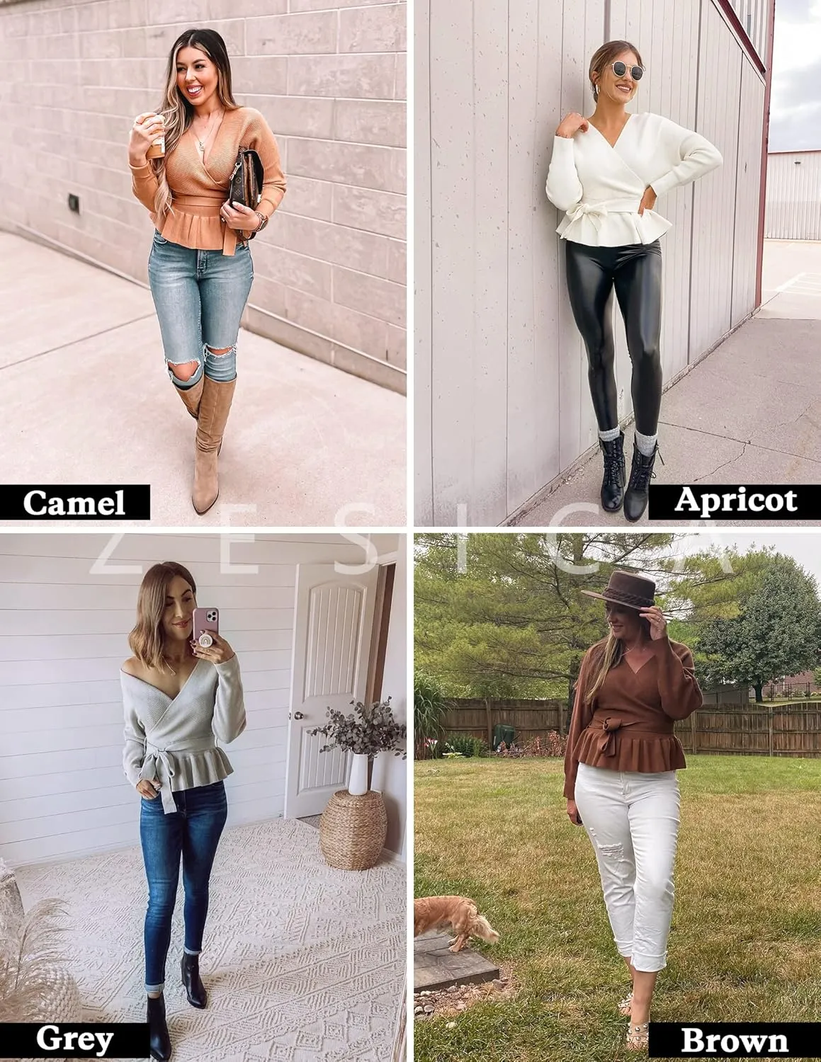 ZESICA Women's Fall Wrap V Neck Long Batwing Sleeve Belted Waist Ruffle Knitted Sweater Pullover Top