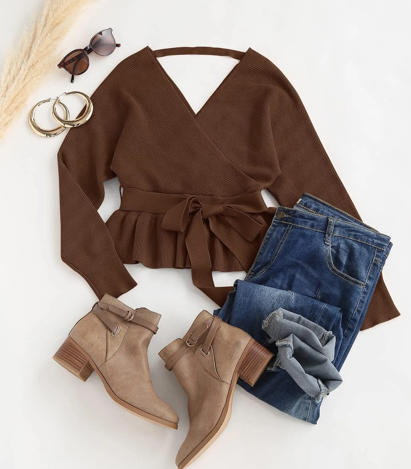 ZESICA Women's Fall Wrap V Neck Long Batwing Sleeve Belted Waist Ruffle Knitted Sweater Pullover Top