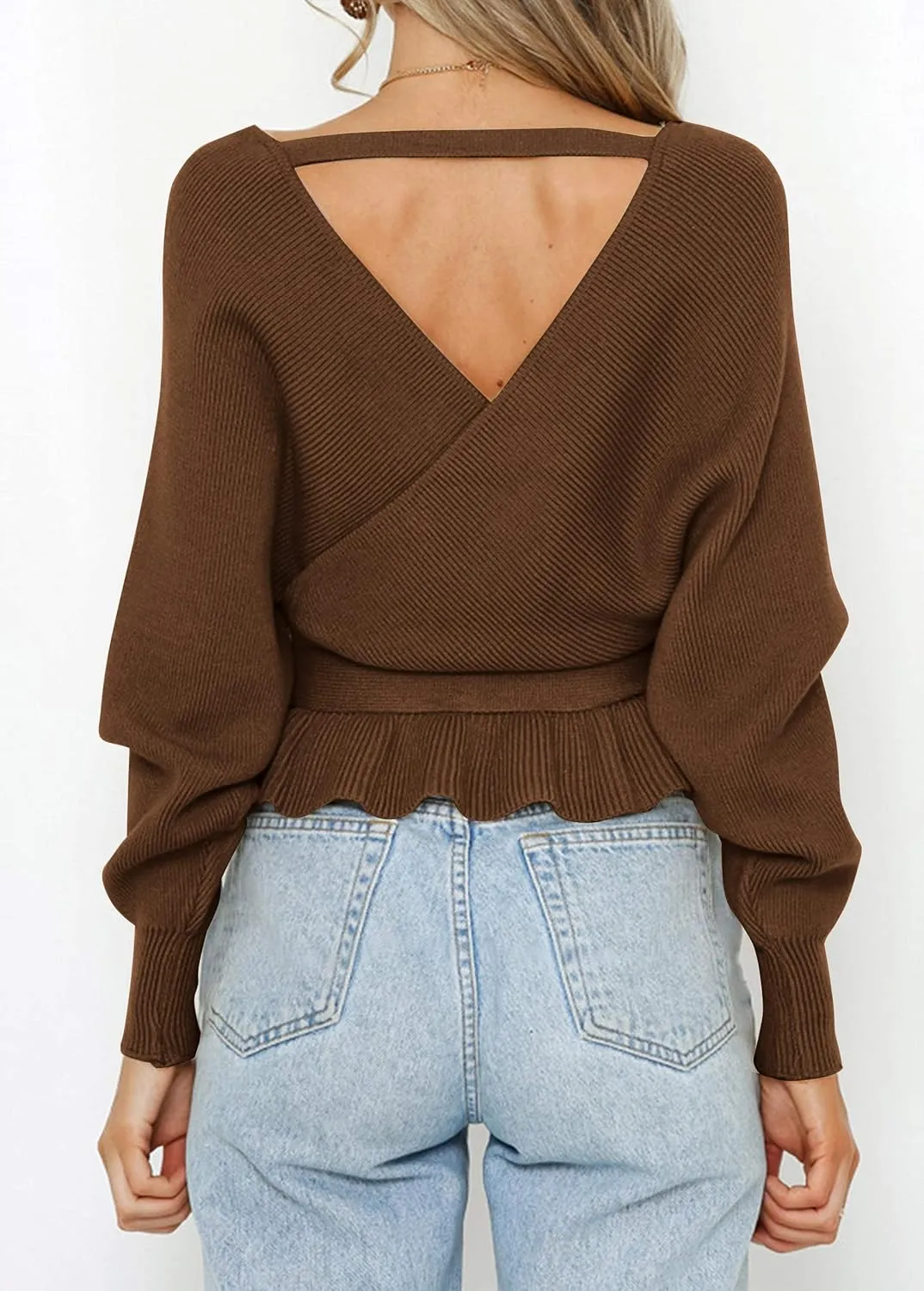 ZESICA Women's Fall Wrap V Neck Long Batwing Sleeve Belted Waist Ruffle Knitted Sweater Pullover Top