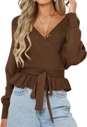 ZESICA Women's Fall Wrap V Neck Long Batwing Sleeve Belted Waist Ruffle Knitted Sweater Pullover Top