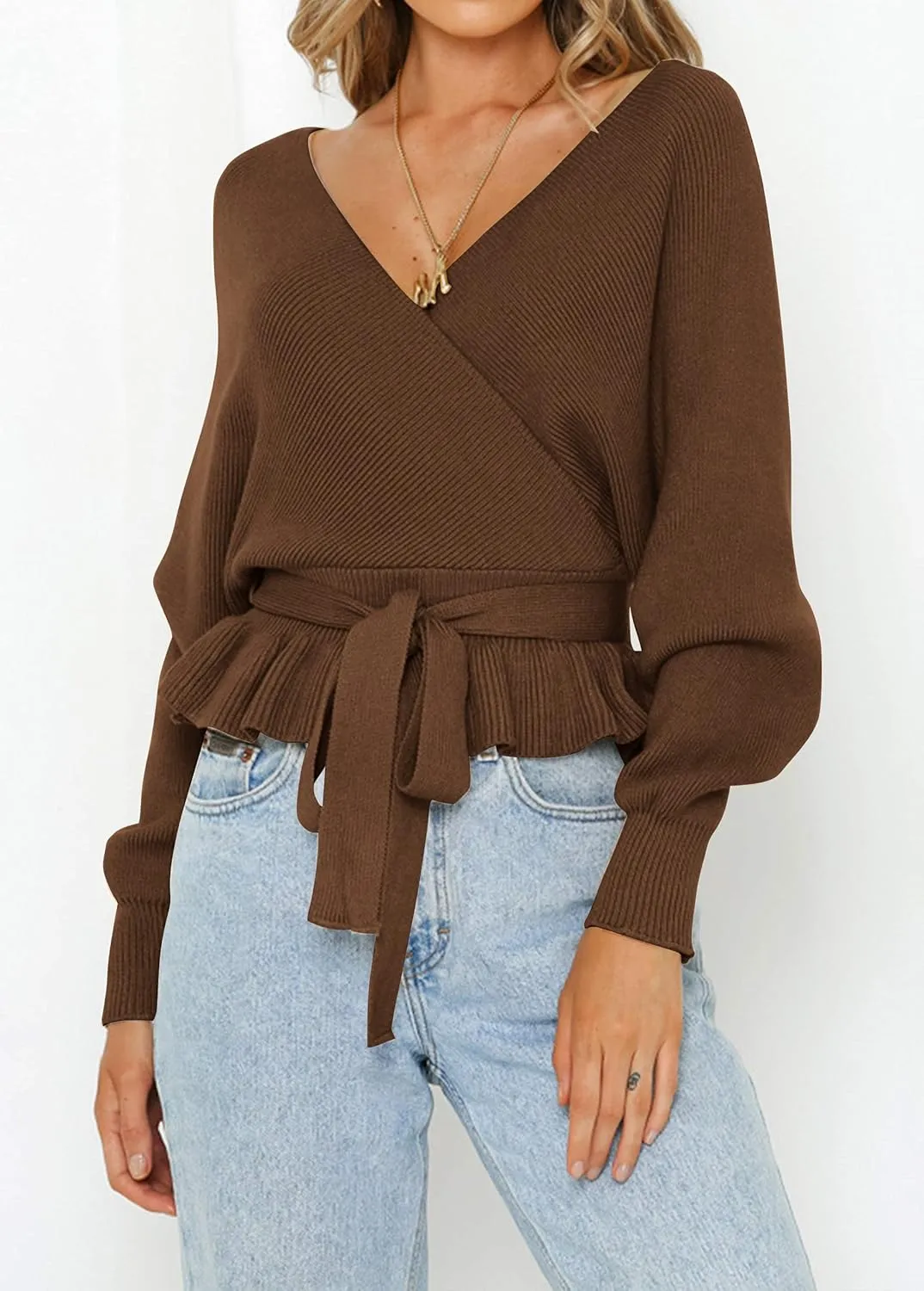 ZESICA Women's Fall Wrap V Neck Long Batwing Sleeve Belted Waist Ruffle Knitted Sweater Pullover Top