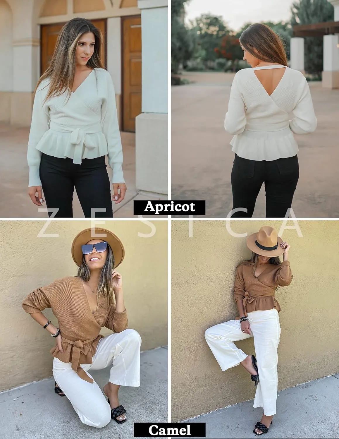 ZESICA Women's Fall Wrap V Neck Long Batwing Sleeve Belted Waist Ruffle Knitted Sweater Pullover Top