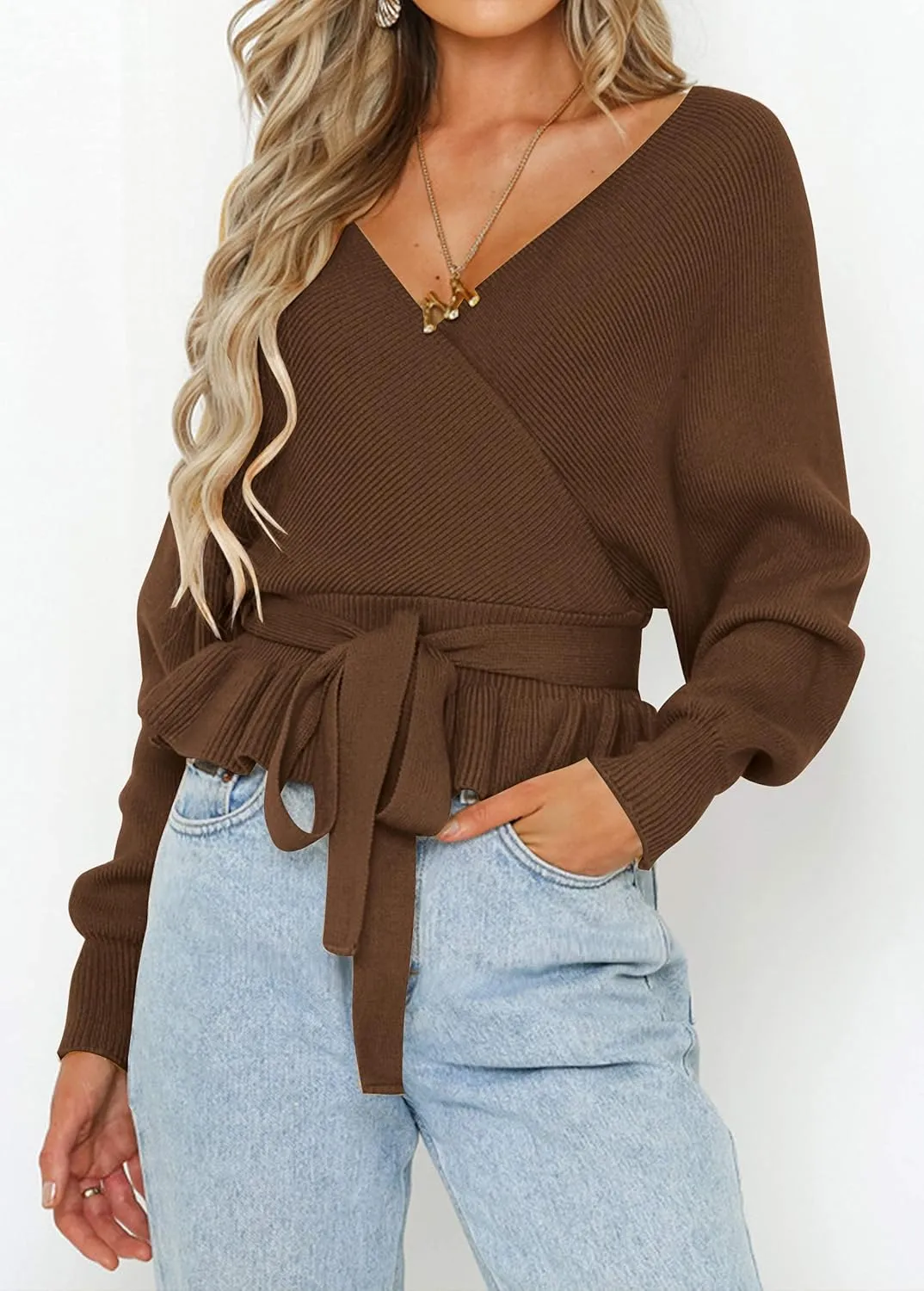 ZESICA Women's Fall Wrap V Neck Long Batwing Sleeve Belted Waist Ruffle Knitted Sweater Pullover Top